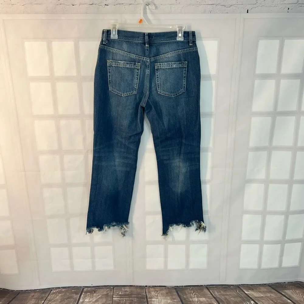 Free People Blue Maggie Whiskered Faded Cotton Cropped Raw Hem Jeans Size 26